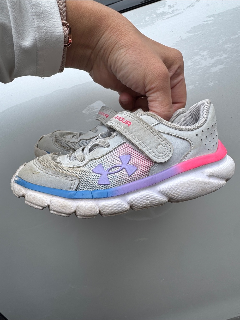 Under Armour Kids White Sneakers with Pink, Purple & Blue Trim